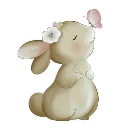 Cute pastel bunny with flower crown and butterfly on nose, freestanding cardboard cutout.