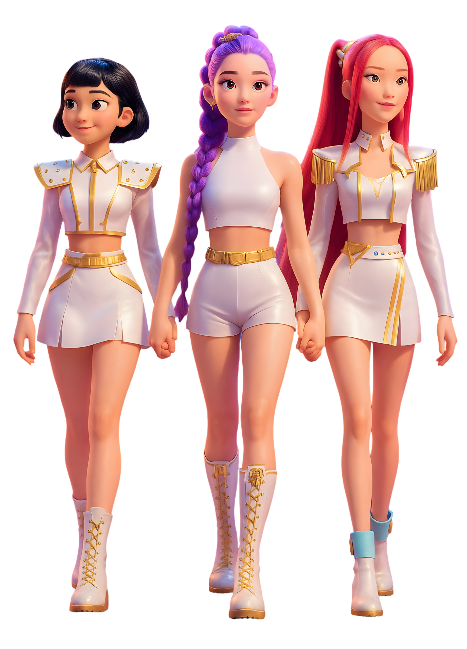Three animated K-pop characters dressed in coordinated white and gold outfits, standing together and holding hands, inspired by the K-Pop: Demon Hunters film.