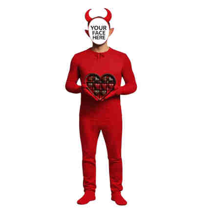 Lifesize cardboard cutout of a Red Devil costume holding a heart shaped box of chocolates with space for personalised photo