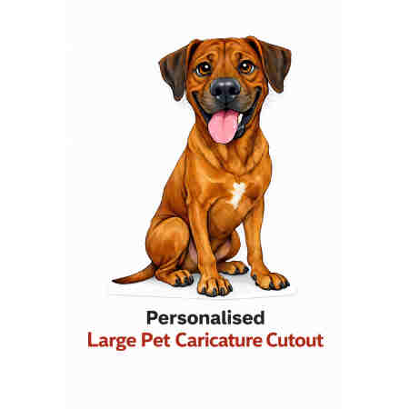 Personalised large pet caricature cutout of a brown dog with white background