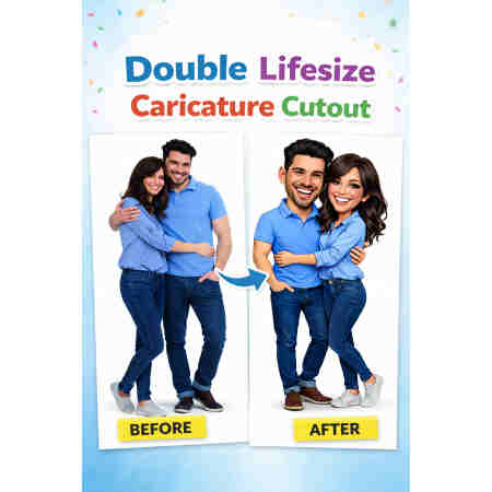 Double lifesize caricature cutout before and after from couple photo