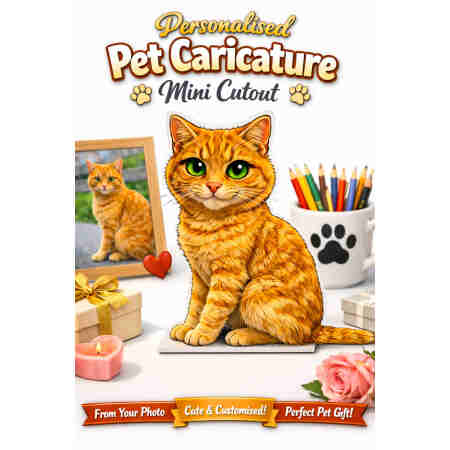 Personalised pet caricature mini cutout of a ginger cat with a clean white background