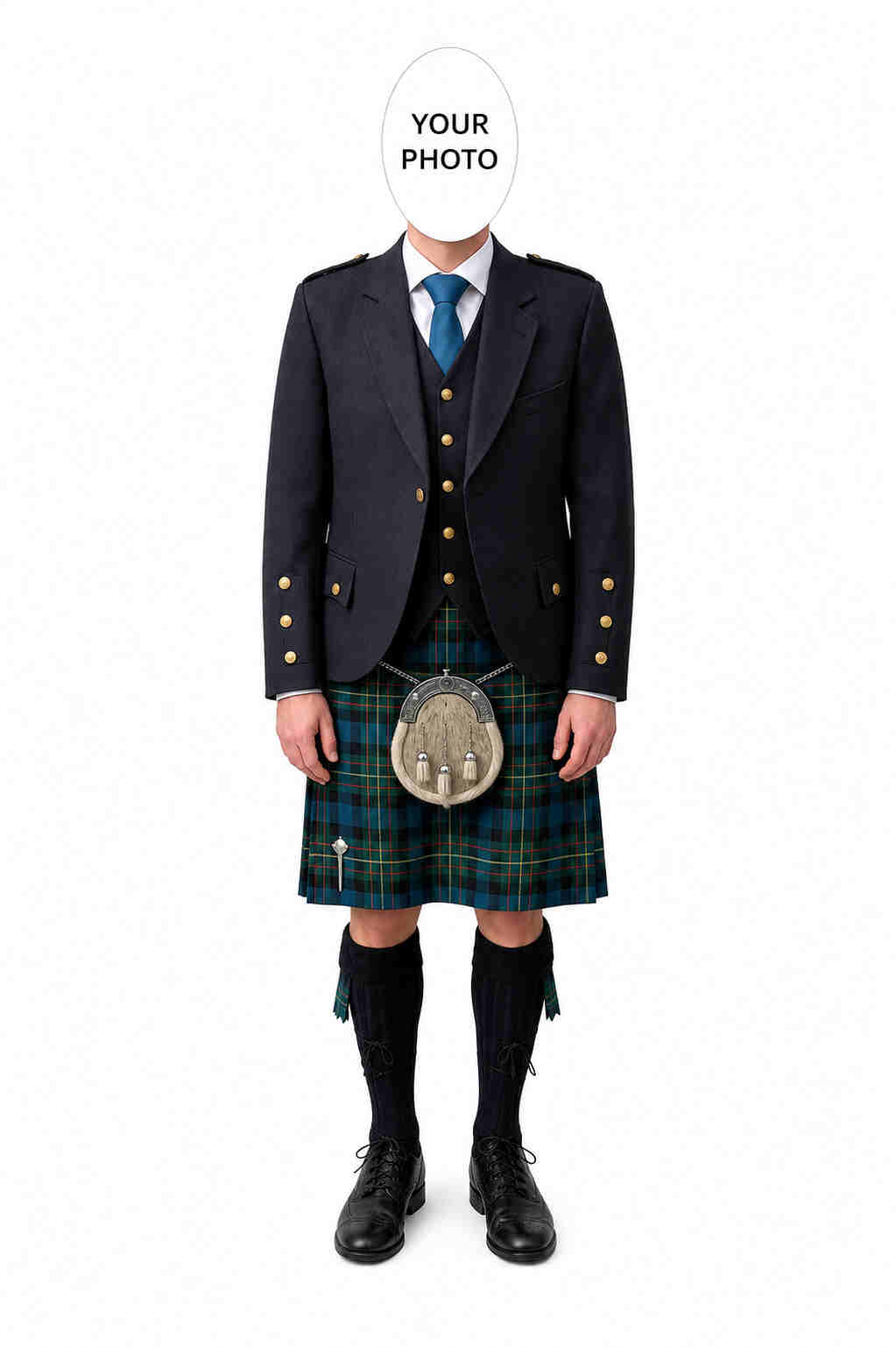 Personalised Scottish Kilt Face Swap Cutout wearing a traditional red Royal tartan kilt with photo placeholder.