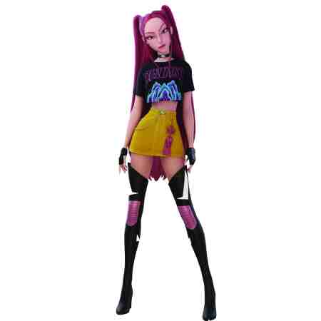 Mira Huntrix KPop Demon Hunters lifesize cardboard cutout with long pink ponytails, black cropped top and yellow skirt