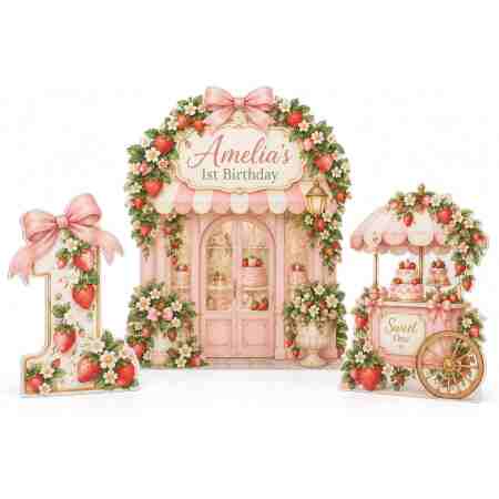 Deluxe strawberry first birthday party bundle with extra-wide 4ft personalised pink patisserie backdrop, strawberry birthday number and dessert cart cutouts.
