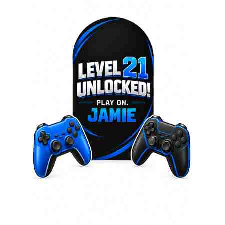 Black and blue personalised gaming birthday cutout bundle with Jamie’s name, age 21 and two controller cutouts.