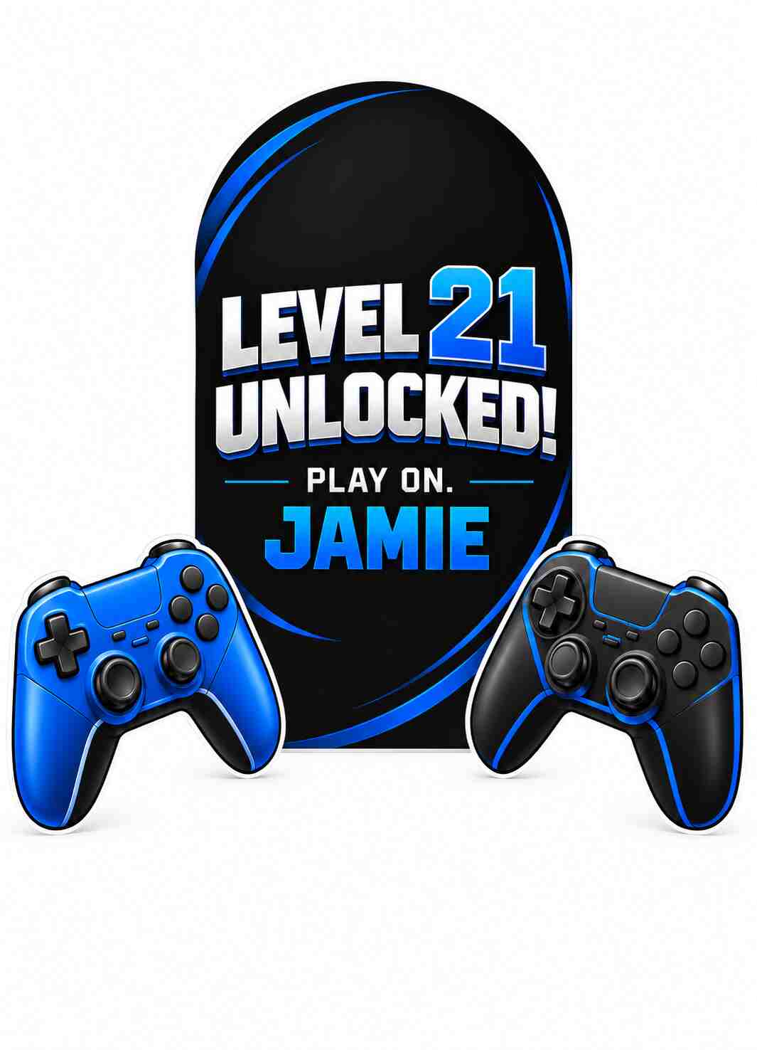 Black and blue personalised gaming birthday cutout bundle with Jamie’s name, age 21 and two controller cutouts.