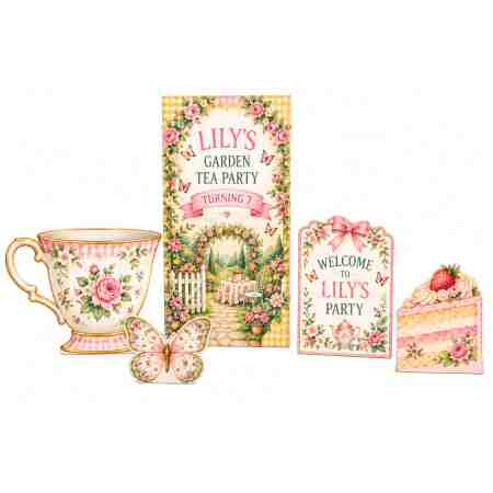 Lily’s personalised garden tea party cutout bundle with floral backdrop, welcome sign, teacup, cake slice and butterfly.