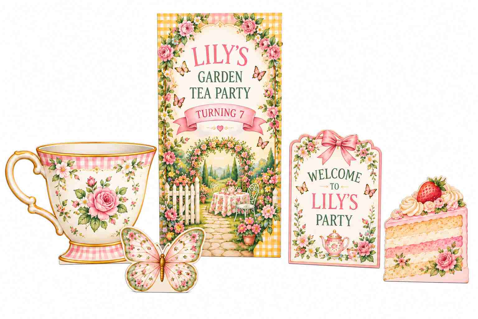 Lily’s personalised garden tea party cutout bundle with floral backdrop, welcome sign, teacup, cake slice and butterfly.