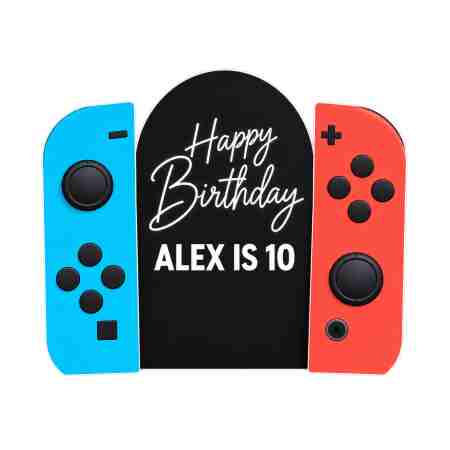 Personalised gaming birthday backdrop for Alex aged 10 with red and blue controller cutouts.