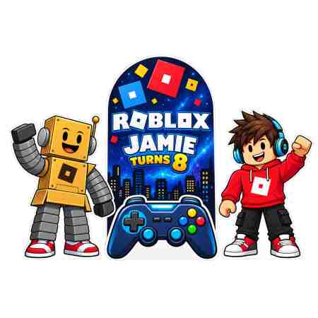 Personalised Roblox birthday cutout bundle with Jamie Turns 8 galaxy backdrop, gold robot, red-hoodie gamer and blue controller.