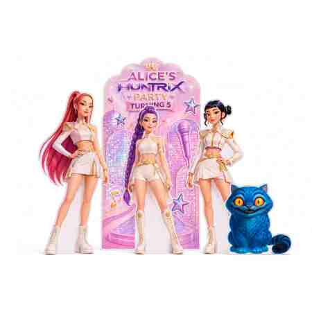 White and gold Huntrix birthday bundle with Rumi, Mira, Zoey, Derpy and Alice’s personalised pastel backdrop.