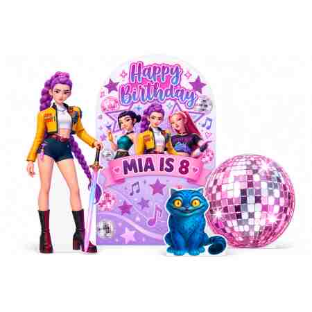 Rumi and Derpy disco birthday bundle with personalised Huntrix backdrop, 5ft Rumi and pink disco ball cutout.