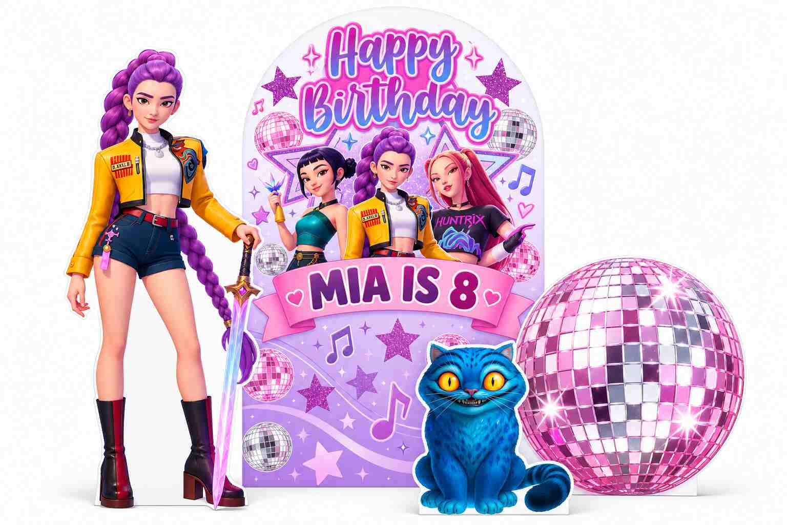 Rumi and Derpy disco birthday bundle with personalised Huntrix backdrop, 5ft Rumi and pink disco ball cutout.